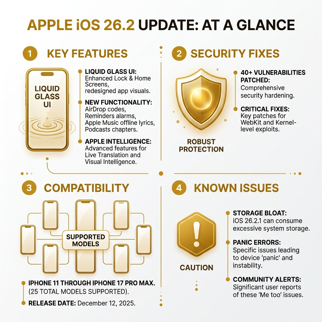 iOS 26.2 update key features, security fixes, compatibility, and known issues infographic - apple ios 26.2 update