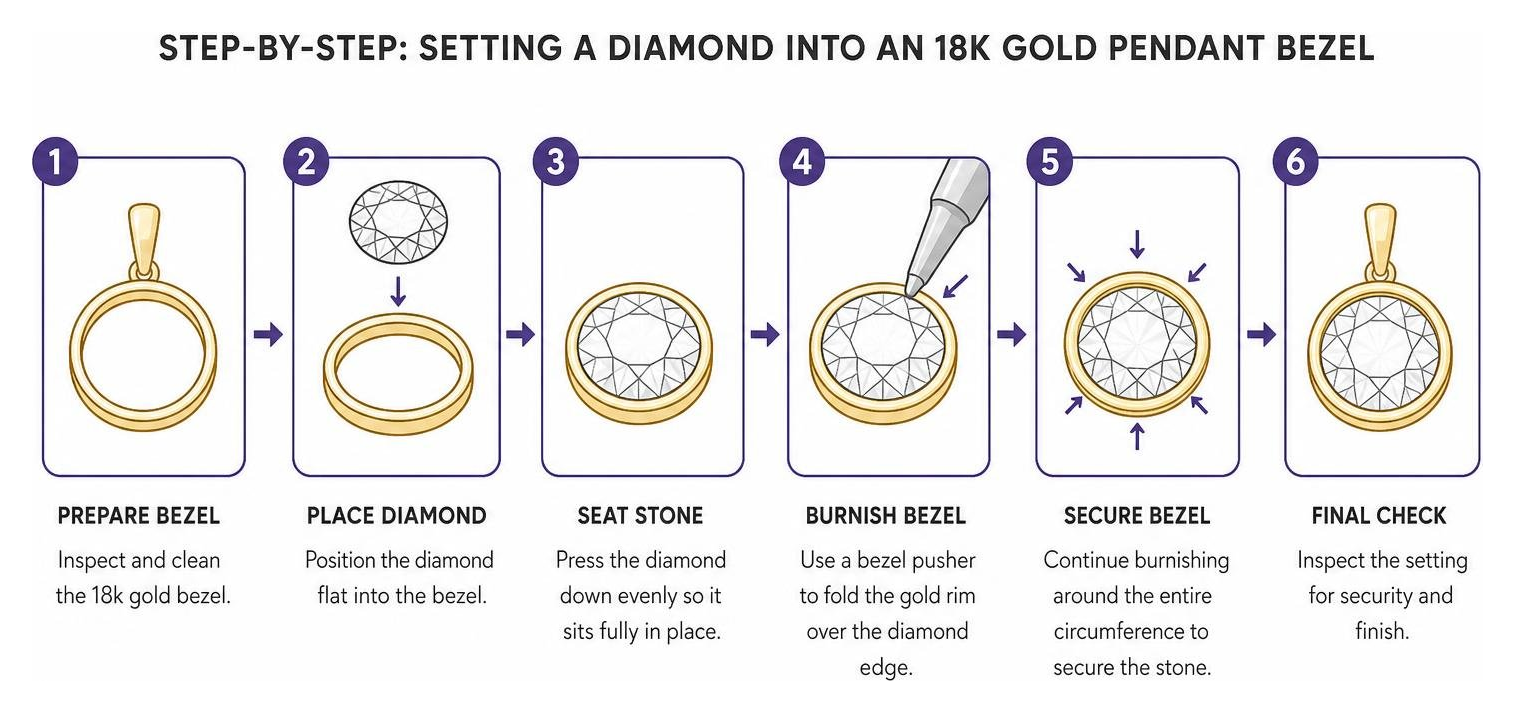 Step-by-step process of setting a diamond into an 18kt gold pendant bezel Step-by-step process of setting a diamond into an 18kt gold pendant bezel