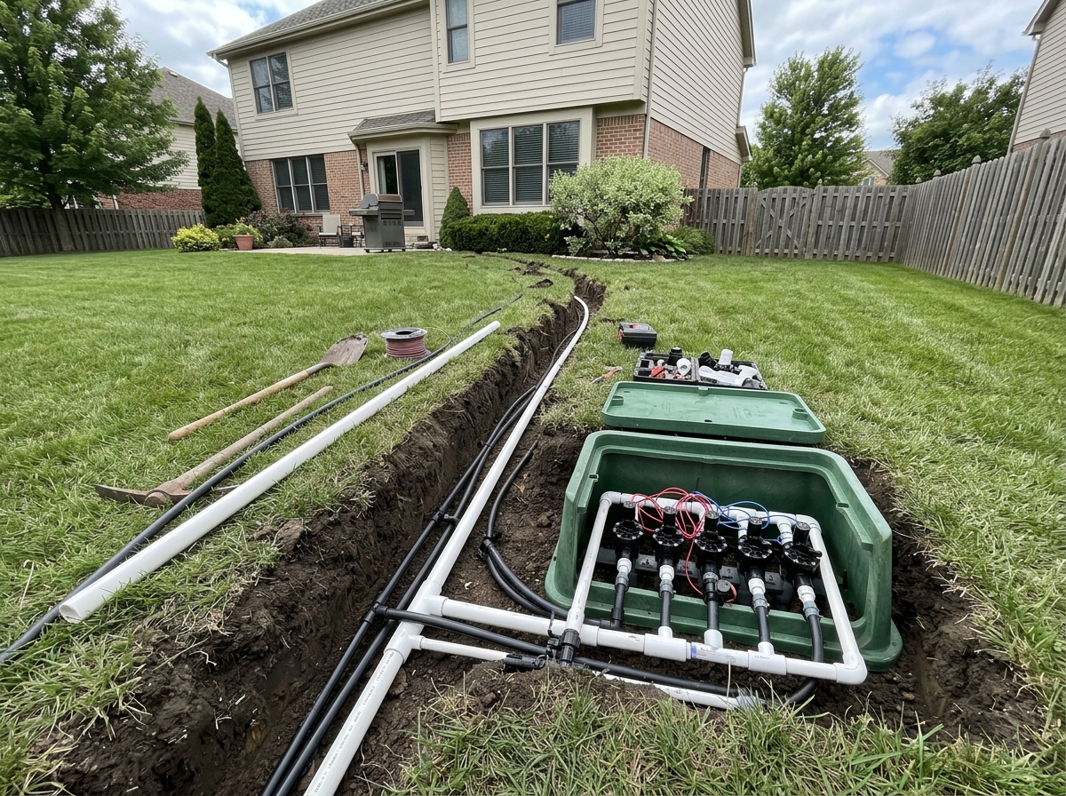 Underground pipes and valve box installation - automatic sprinkler irrigation system