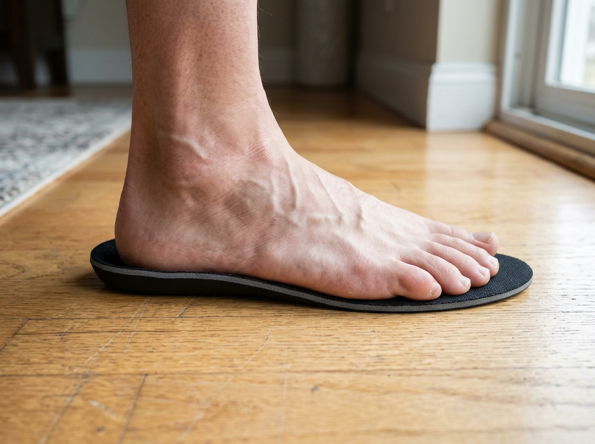 Foot hanging over a shoe insole illustrating the need for wide shoes - running shoes for wide feet Foot hanging over a shoe insole illustrating the need for wide shoes - running shoes for wide feet
