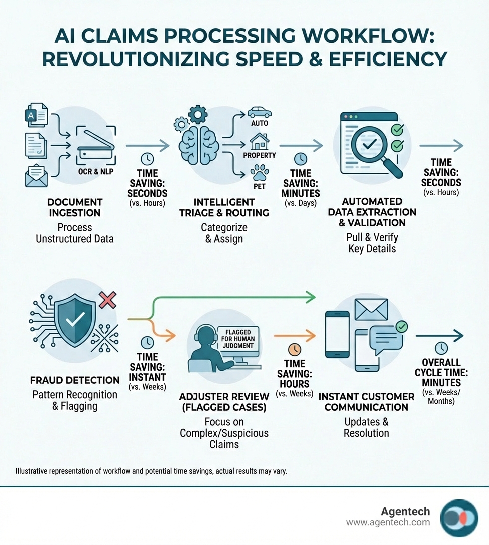 infographic showing the AI claims processing workflow: document ingestion via OCR and NLP, intelligent triage and routing, automated data extraction and validation, fraud detection through pattern recognition, adjuster review of flagged cases, and instant customer communication, with time savings noted at each stage - AI for insurance claims processing infographic
