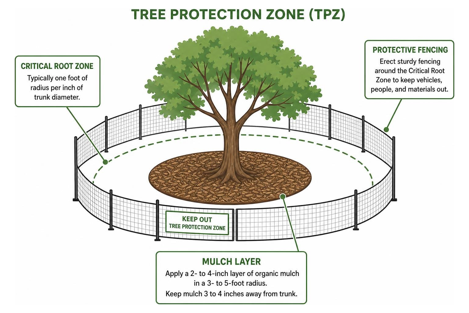 Tree Protection Zone diagram: Critical Root Zone boundary, protective fencing, mulch layer