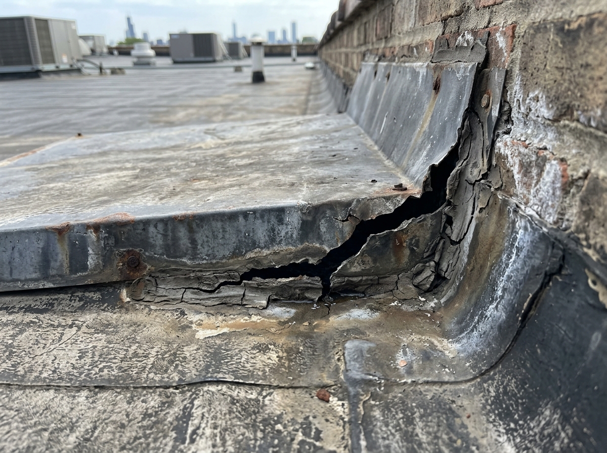 A close-up of a damaged roof flashing with visible cracks - commercial roof leak