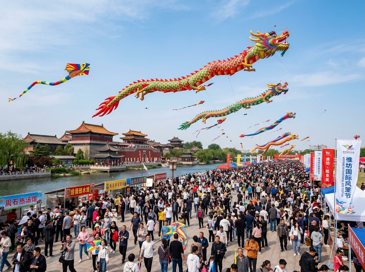 Giant dragon kites soaring at the Weifang International Kite Festival - cultural kite festivals Asia
