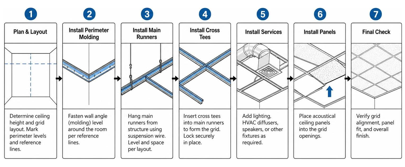 Process framework for installing a commercial drop ceiling grid and panel system Process framework for installing a commercial drop ceiling grid and panel system