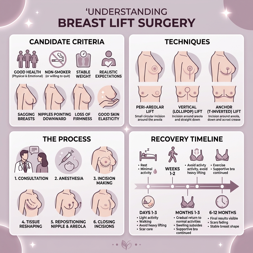 Infographic showing breast lift process steps, candidate criteria, techniques, and recovery timeline - breast lift