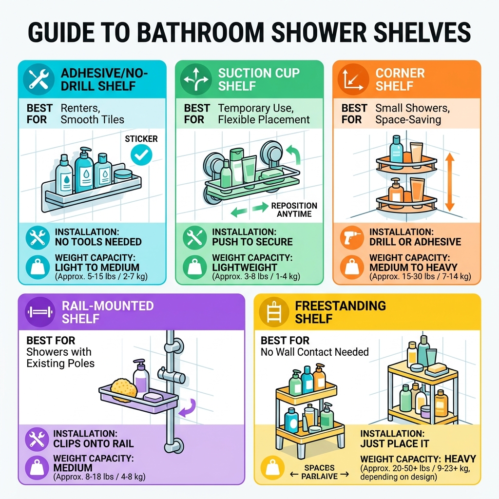 Types of bathroom shower shelves with weight capacities and installation methods - Bathroom shower shelves infographic 