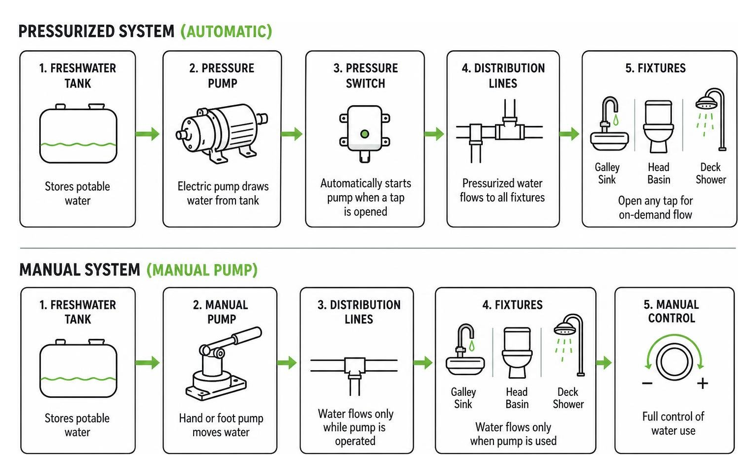 Pressurized vs manual boat plumbing flow comparison