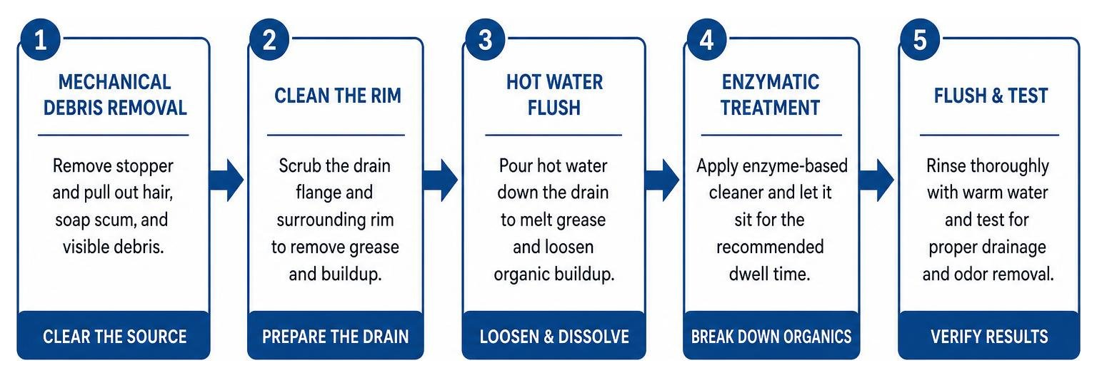 diagram showing the step-by-step progression from mechanical debris removal to hot water flushing and enzymatic treatment