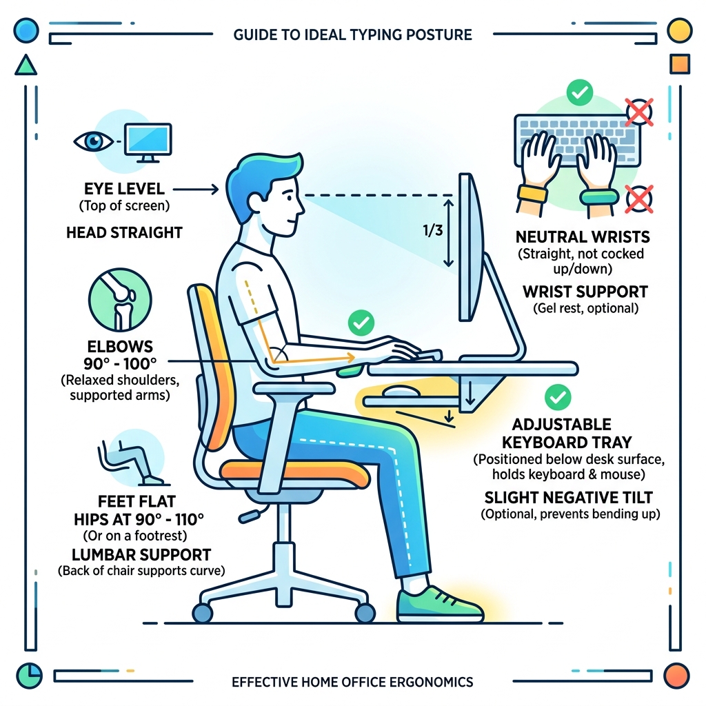 infographic showing ideal typing posture with keyboard tray, elbow angle, wrist position, and monitor height - home office