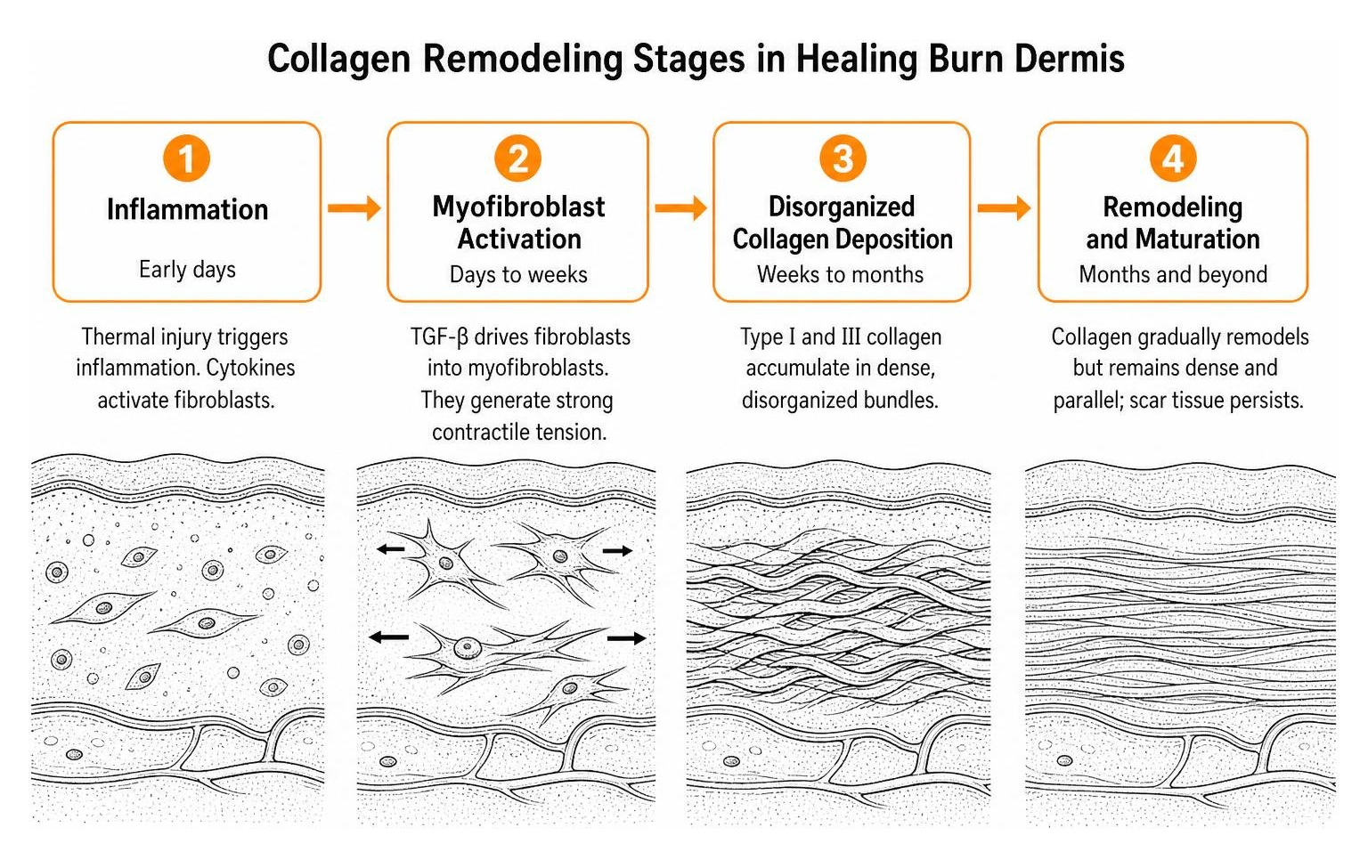collagen remodeling stages in healing burn dermis