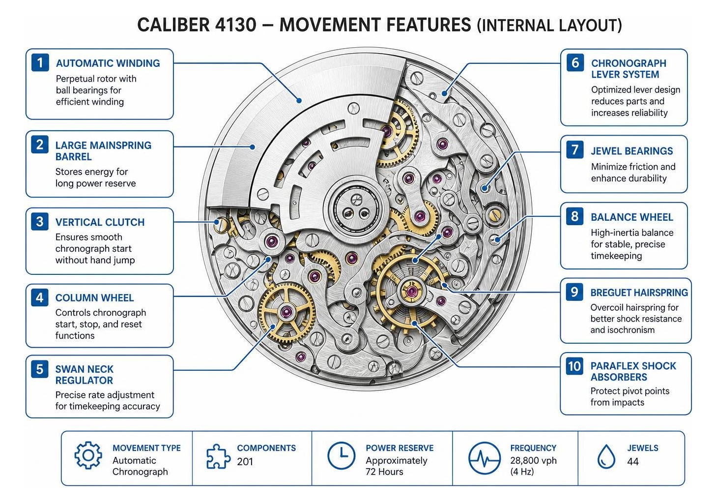 Internal layout of Rolex Caliber 4130 movement features