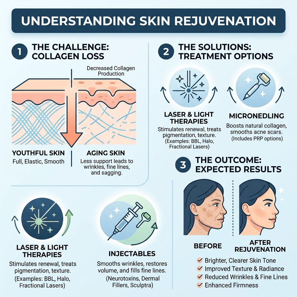 Infographic showing the skin rejuvenation process: collagen loss, treatment options, and expected results - skin