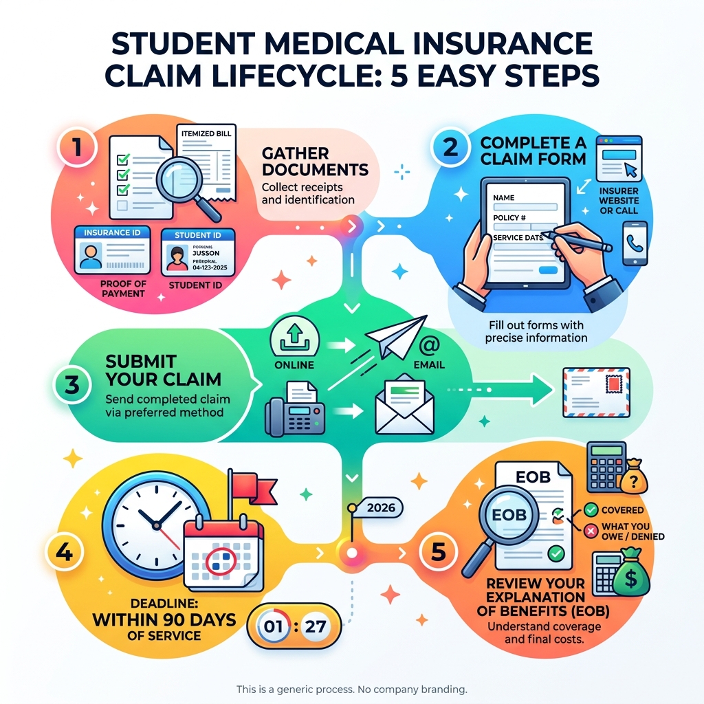 5-step student medical insurance claim lifecycle infographic - student insurance claim guide infographic 