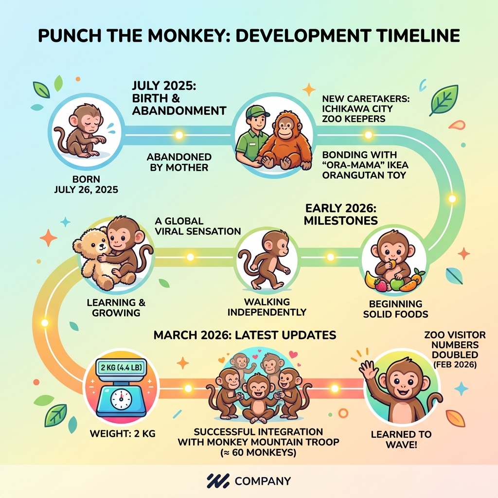Punch the monkey development timeline from birth July 2025 to March 2026 milestones - punch the monkey infographic 