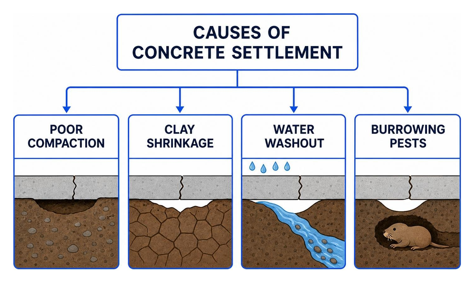 Causes of concrete settlement: poor compaction, clay shrinkage, water washout, and burrowing pests Causes of concrete settlement: poor compaction, clay shrinkage, water washout, and burrowing pests