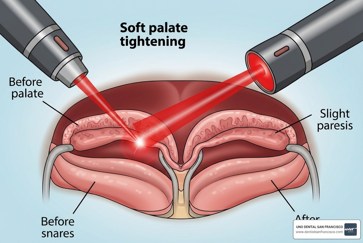 Illustration showing how laser treatment targets and tightens soft palate tissue to reduce snoring - snoring treatment near me Illustration showing how laser treatment targets and tightens soft palate tissue to reduce snoring - snoring treatment near me
