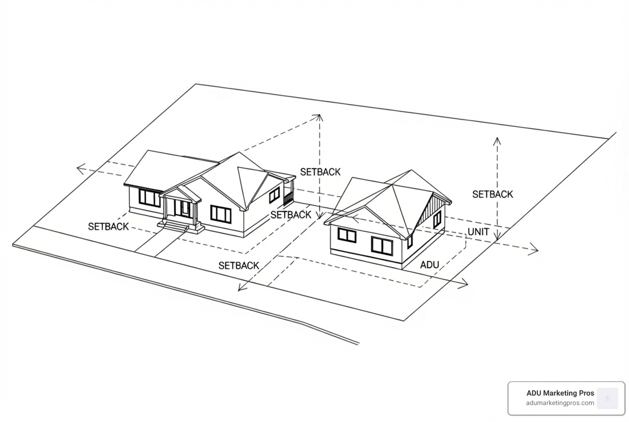 Clear diagram illustrating property lines with standard ADU setbacks and height limits noted - ADU rules California Clear diagram illustrating property lines with standard ADU setbacks and height limits noted - ADU rules California