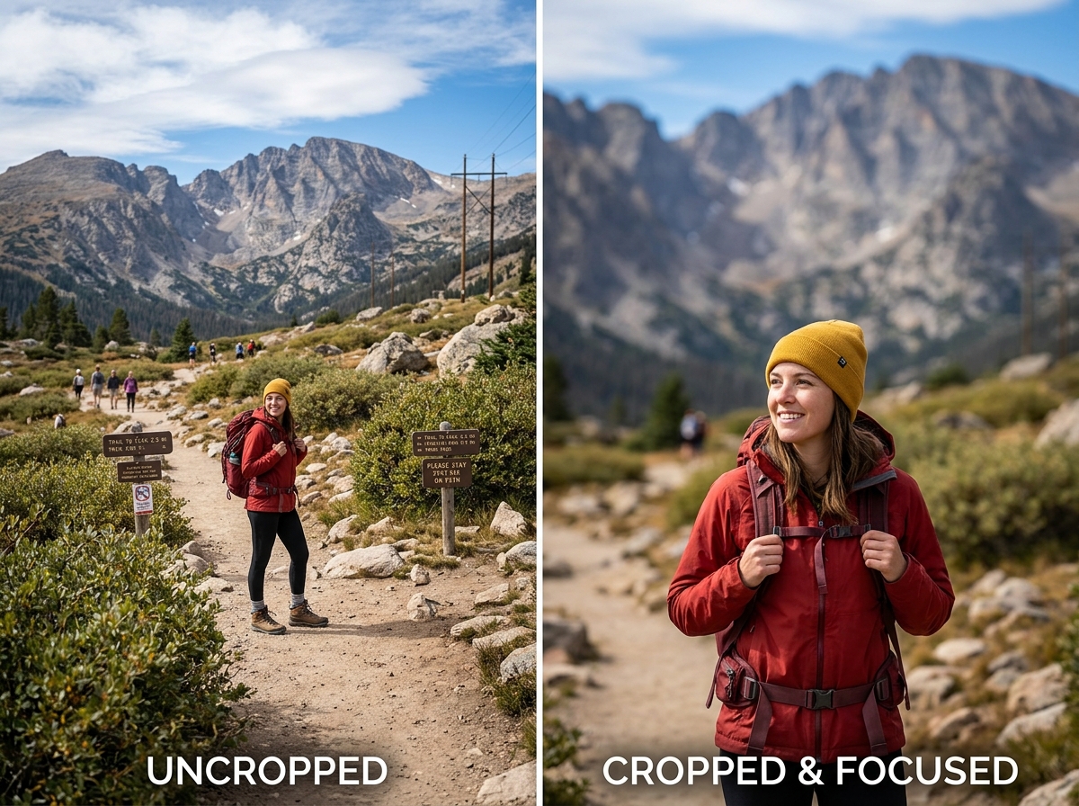 Comparison of a raw uncropped photo with a professionally cropped version showing improved focal point - advanced cropping Comparison of a raw uncropped photo with a professionally cropped version showing improved focal point - advanced cropping