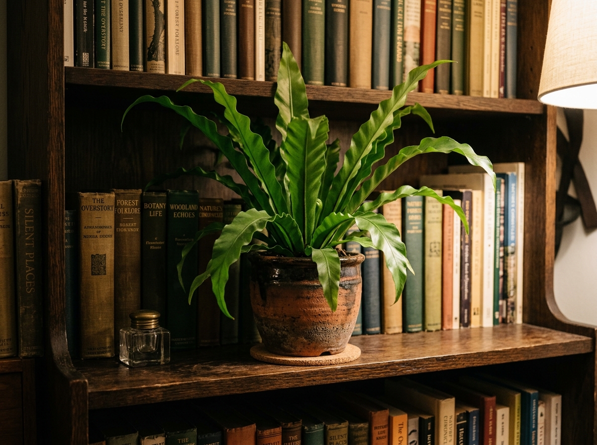 Bird's Nest Fern sitting on a dimly lit bookshelf - ferns indoors low light
