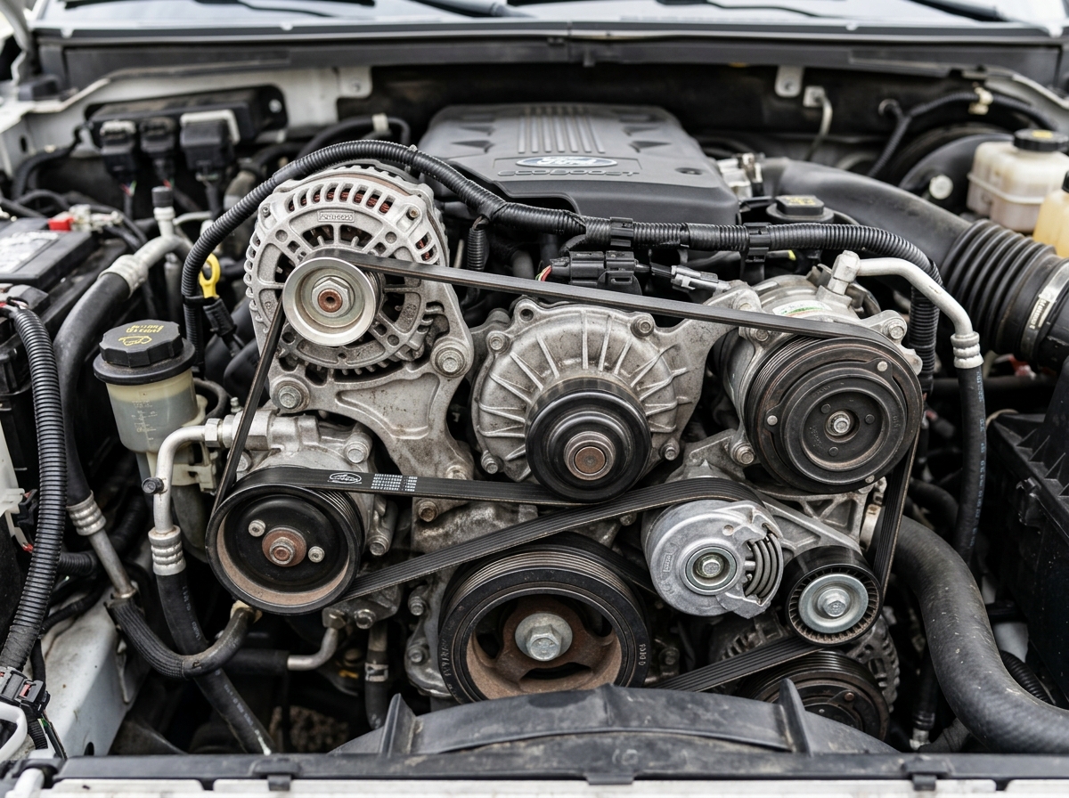 Modern car engine showing the winding path of a serpentine belt around various pulleys - serpentine belt replacement cost