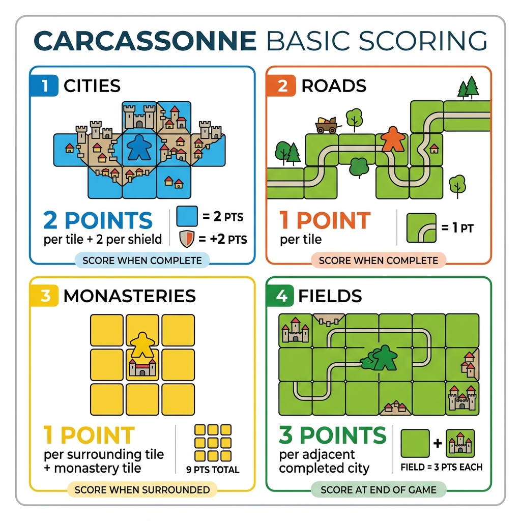 Carcassonne basic scoring infographic for cities, roads, monasteries, and fields - carcassonne strategy guide infographic 