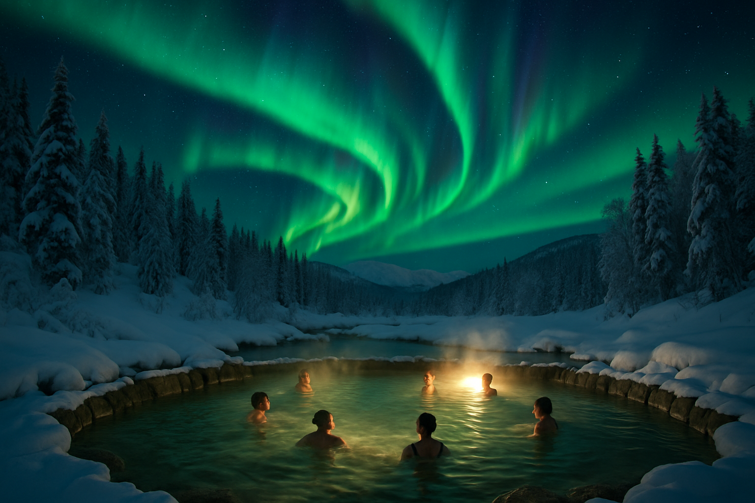 aurora borealis dancing over outdoor hot springs pools - natural hot springs resorts