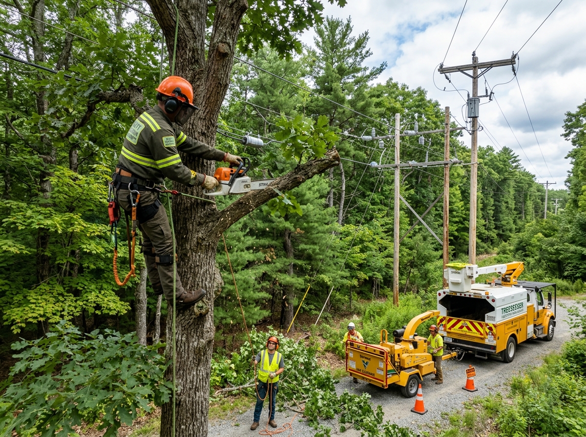A utility vegetation management crew performing line clearance operations to protect electrical infrastructure A utility vegetation management crew performing line clearance operations to protect electrical infrastructure