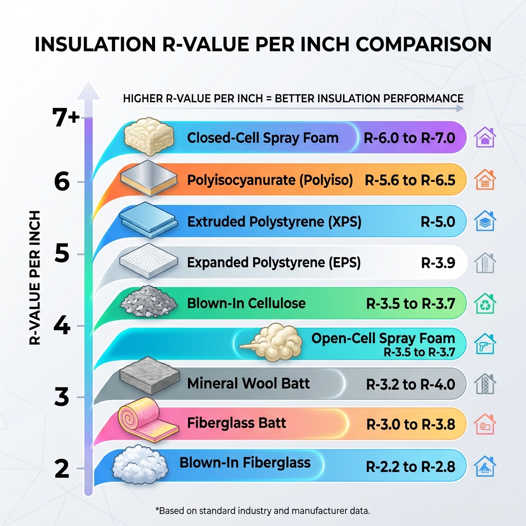 Infographic showing R-value per inch for common insulation types from lowest blown fiberglass to highest closed-cell spray Infographic showing R-value per inch for common insulation types from lowest blown fiberglass to highest closed-cell spray