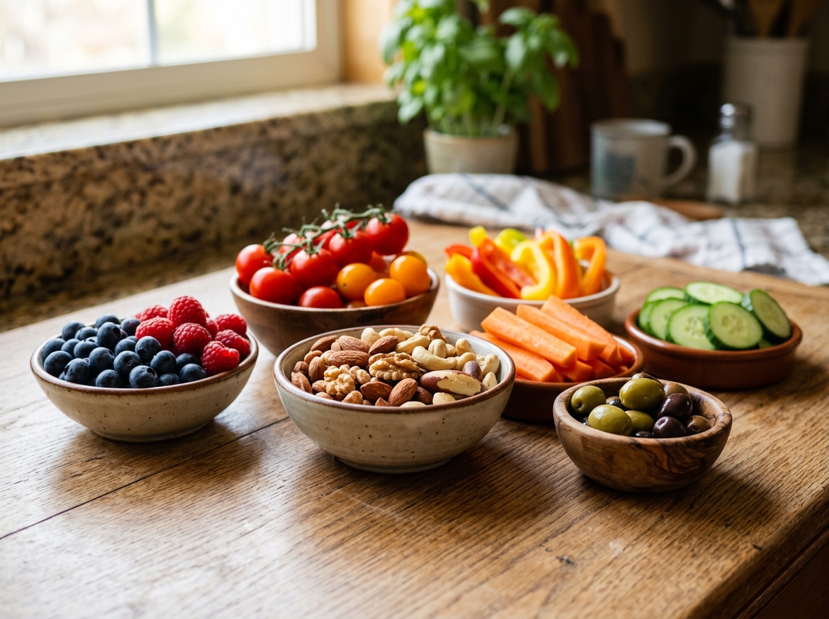 A variety of colorful whole food snacks including nuts, berries, and sliced veggies - healthy snack food options A variety of colorful whole food snacks including nuts, berries, and sliced veggies - healthy snack food options