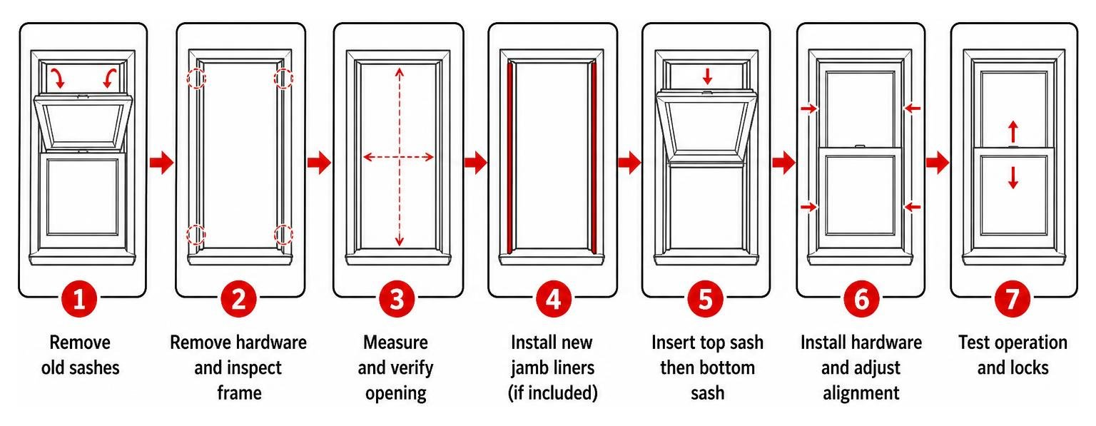 Step-by-step sash replacement installation workflow from removing old sashes to testing operation Step-by-step sash replacement installation workflow from removing old sashes to testing operation
