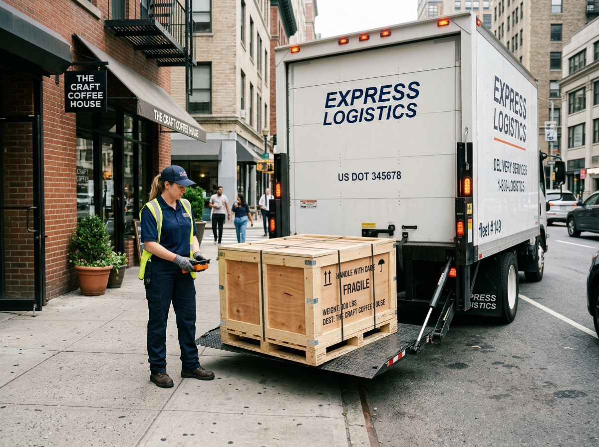 A delivery driver operating a hydraulic liftgate to unload a palletized crate at a small business storefront - liftgate