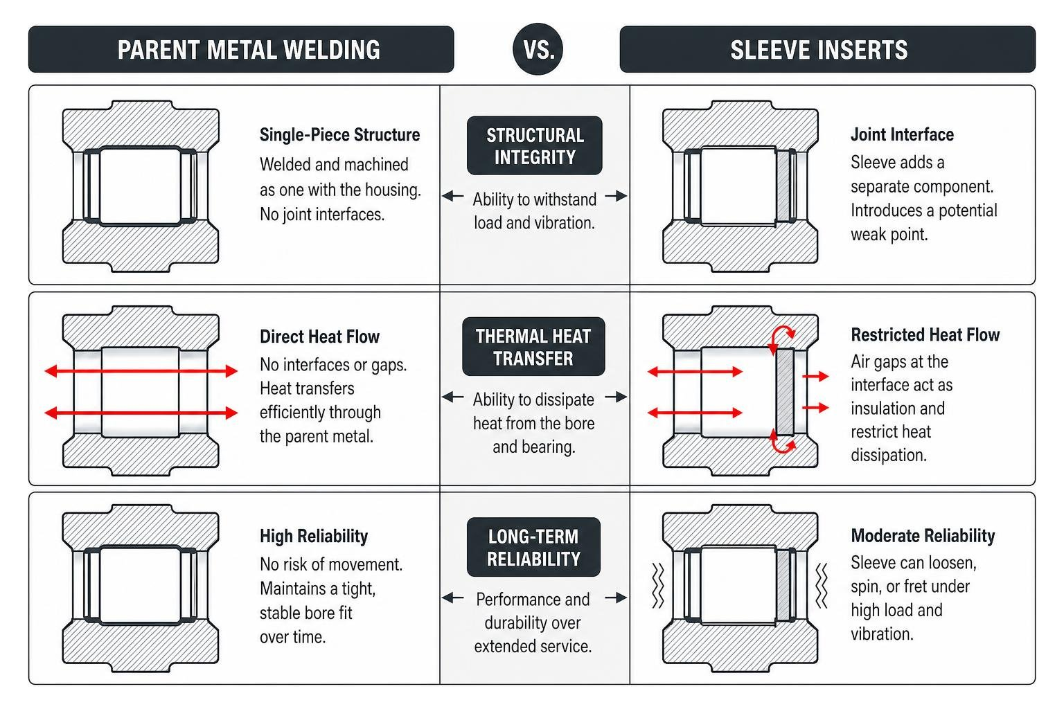 diagram comparing structural integrity of parent metal welding versus sleeve inserts diagram comparing structural integrity of parent metal welding versus sleeve inserts