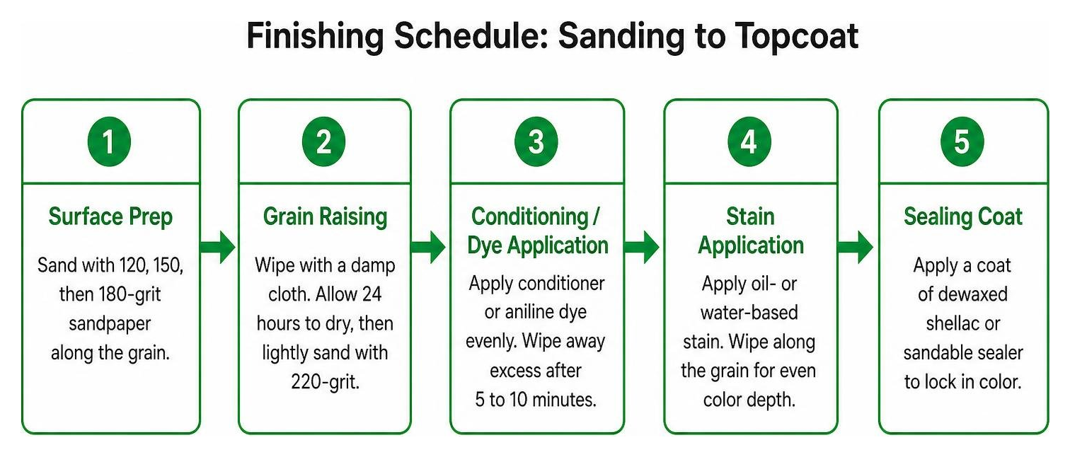 diagram of finishing schedule sequence from sanding to topcoat