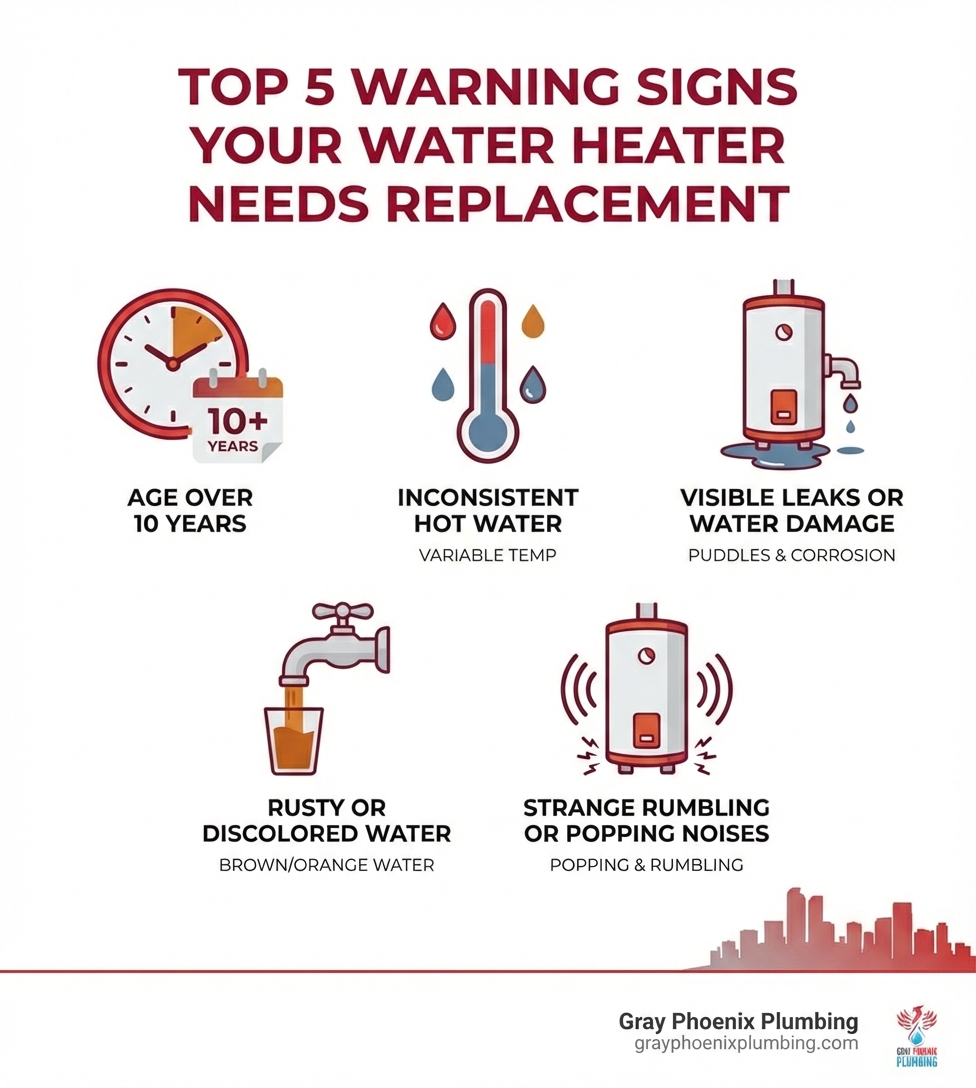 infographic showing the top 5 warning signs your water heater needs replacement: age over 10 years, inconsistent hot water temperature, visible leaks or water damage, rusty or discolored water, and strange rumbling or popping noises - denver water heater replacement infographic infographic showing the top 5 warning signs your water heater needs replacement: age over 10 years, inconsistent hot water temperature, visible leaks or water damage, rusty or discolored water, and strange rumbling or popping noises - denver water heater replacement infographic