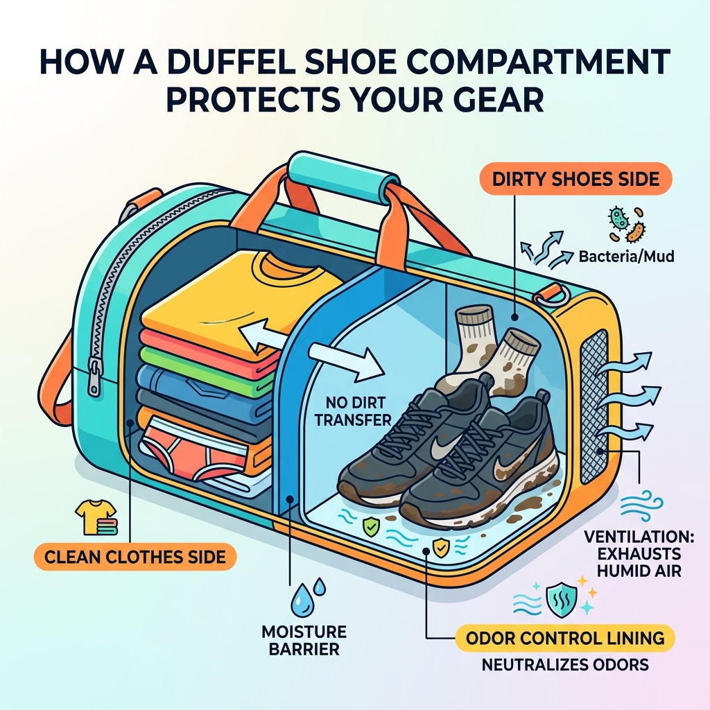 infographic showing how a duffel shoe compartment separates dirty shoes from clean clothes with labels for ventilation