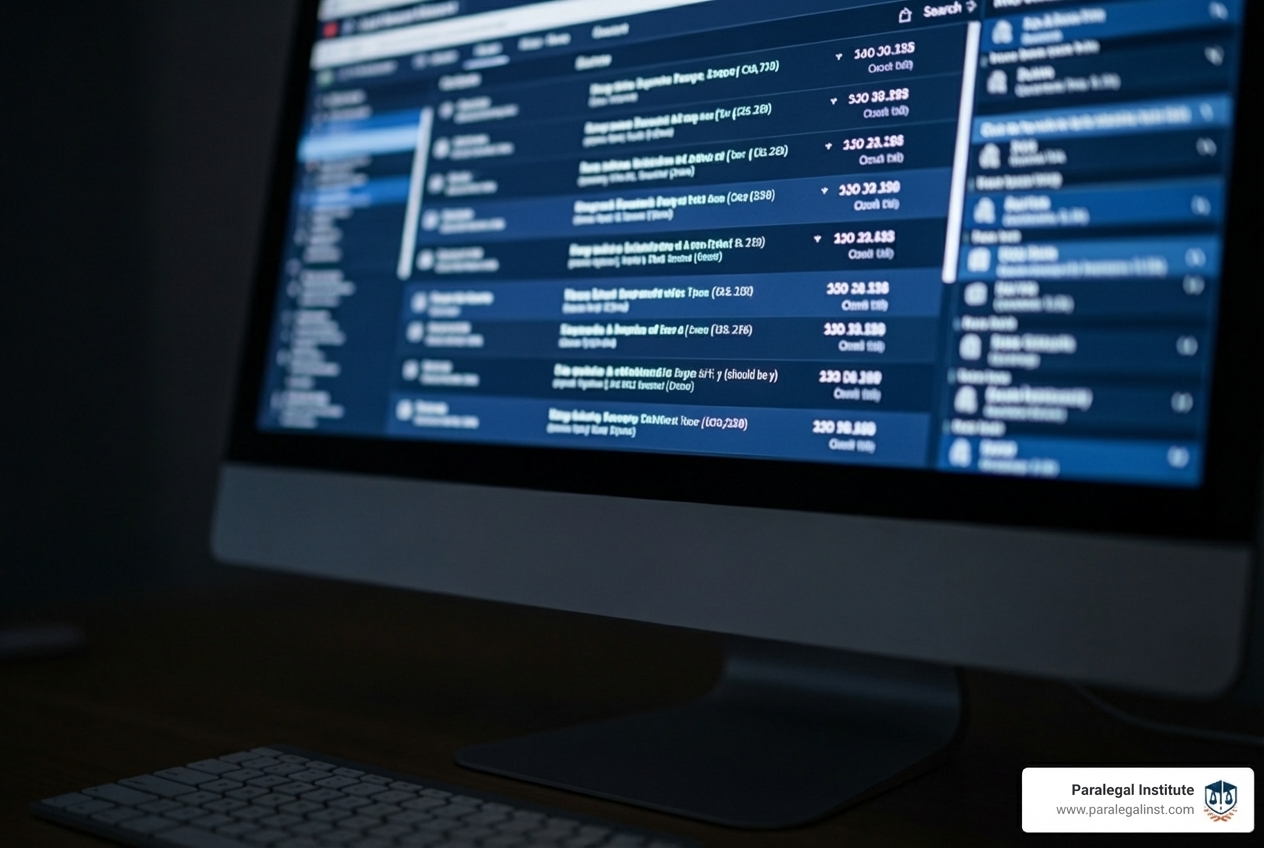 A close-up image of a computer screen displaying a legal research database interface with search results. - paralegal training online A close-up image of a computer screen displaying a legal research database interface with search results. - paralegal training online