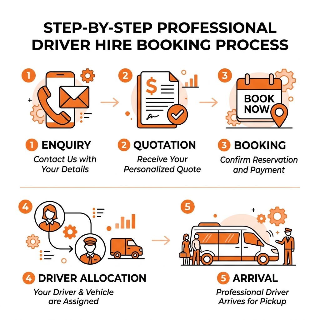 Step-by-step infographic showing the professional driver hire booking process from enquiry to arrival - Professional driver Step-by-step infographic showing the professional driver hire booking process from enquiry to arrival - Professional driver