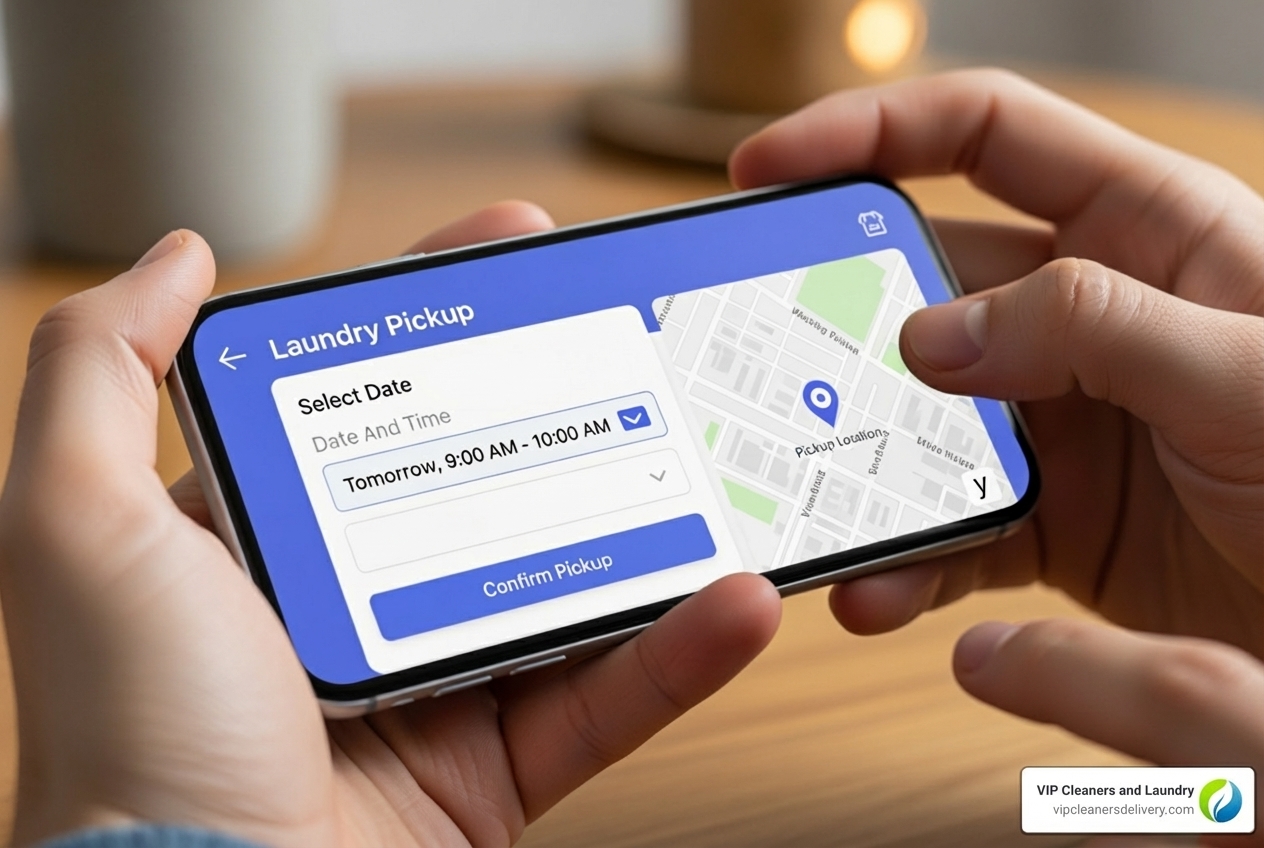 Person scheduling laundry pickup via mobile app - dry cleaning services