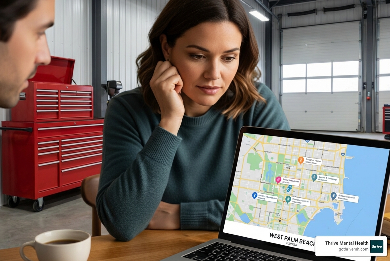 Parent comparing therapy options on laptop, West Palm Beach map - I'm looking for anxiety therapy for teens in the West Palm Beach area.