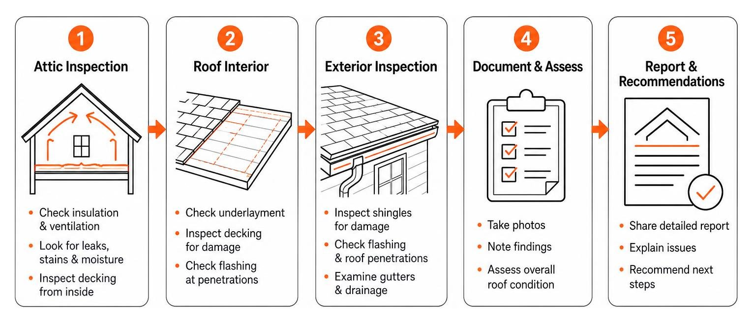 A professional roof inspection process from attic to exterior