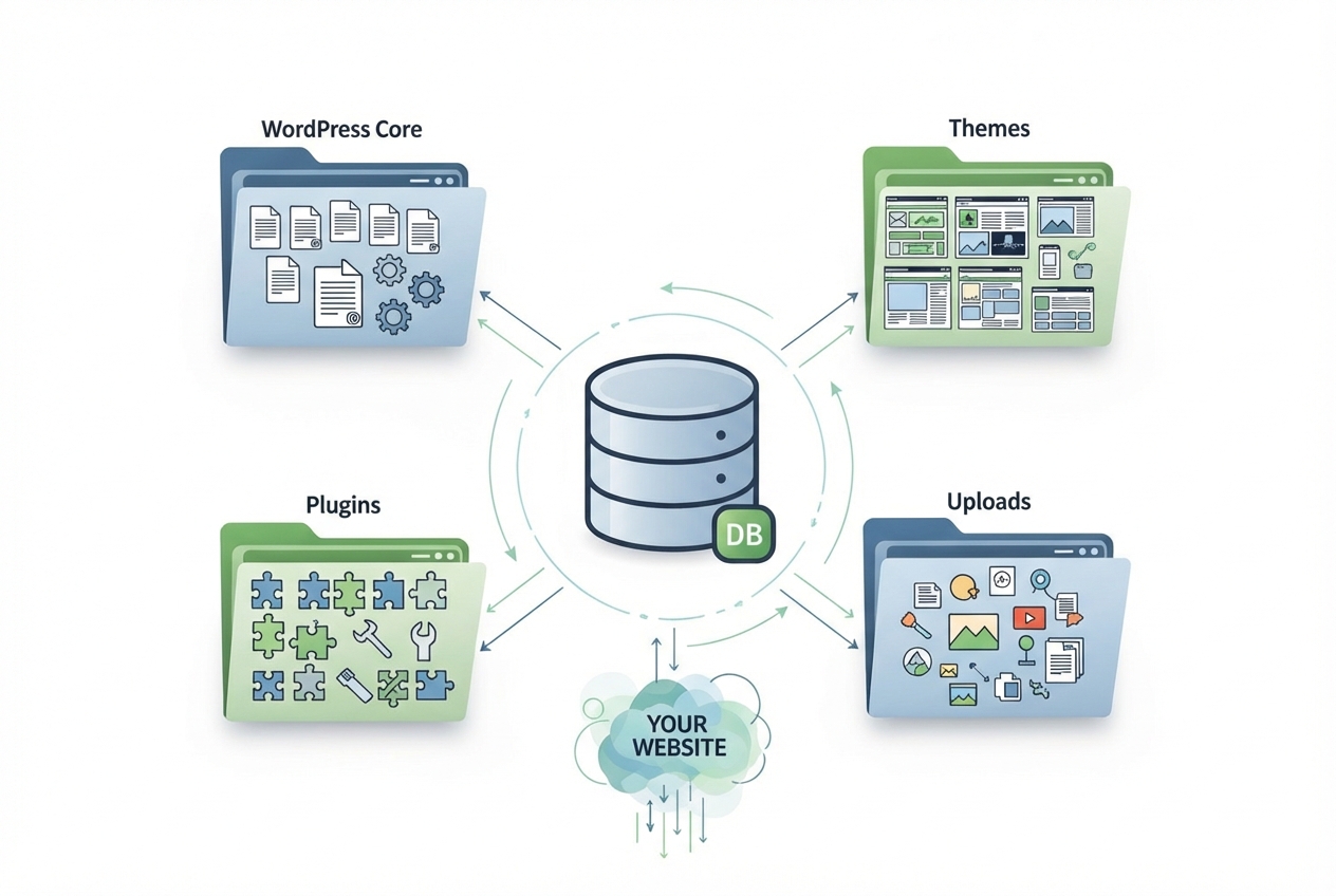Illustration showing WordPress files and database components - Restore WordPress Site Illustration showing WordPress files and database components - Restore WordPress Site