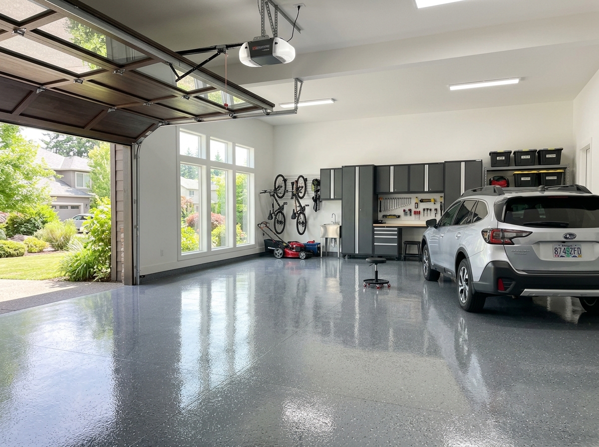 A bright, modern garage with a high-gloss polyaspartic floor - UV resistant polyaspartic garage