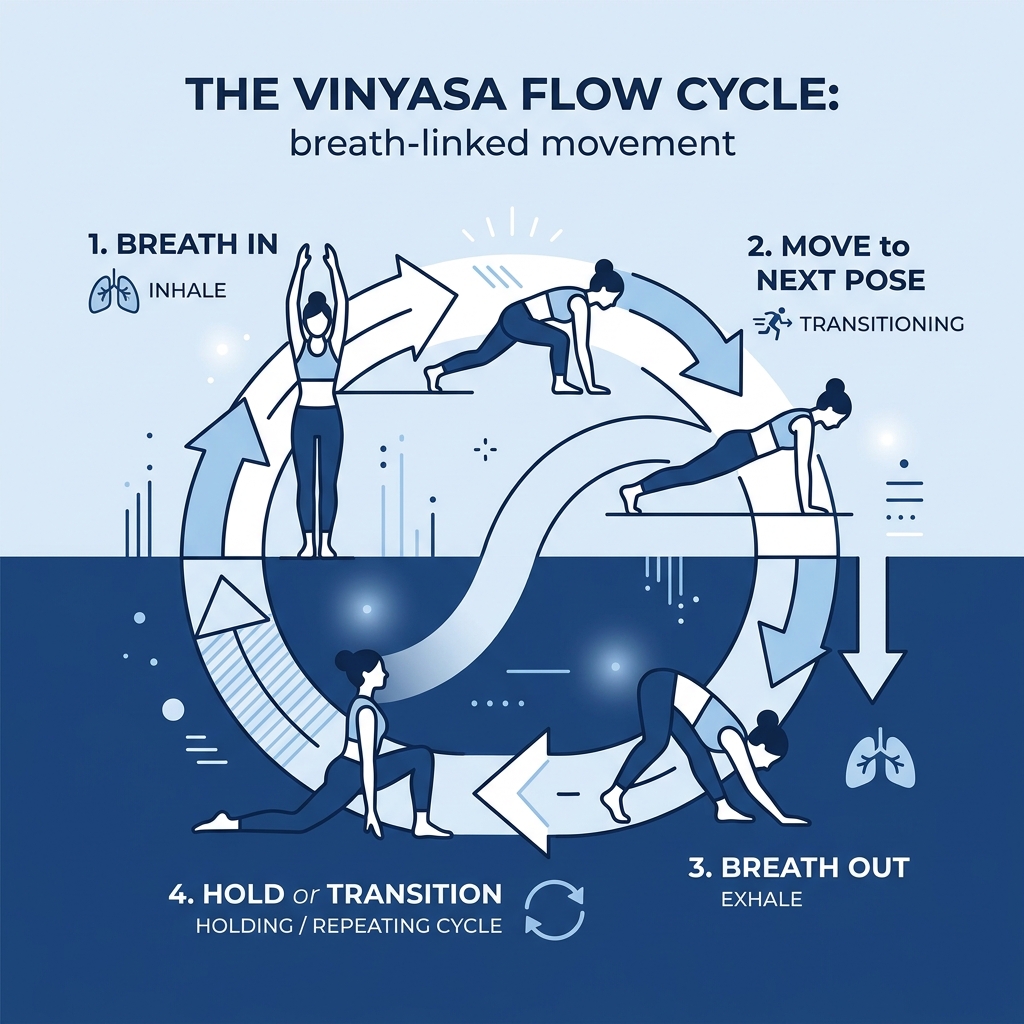 Infographic showing the Vinyasa flow cycle: breath in, move to next pose, breath out, hold or transition - Vinyasa yoga