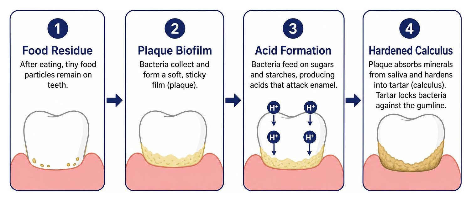 Progression from food residue to plaque biofilm, acid formation, and hardened calculus