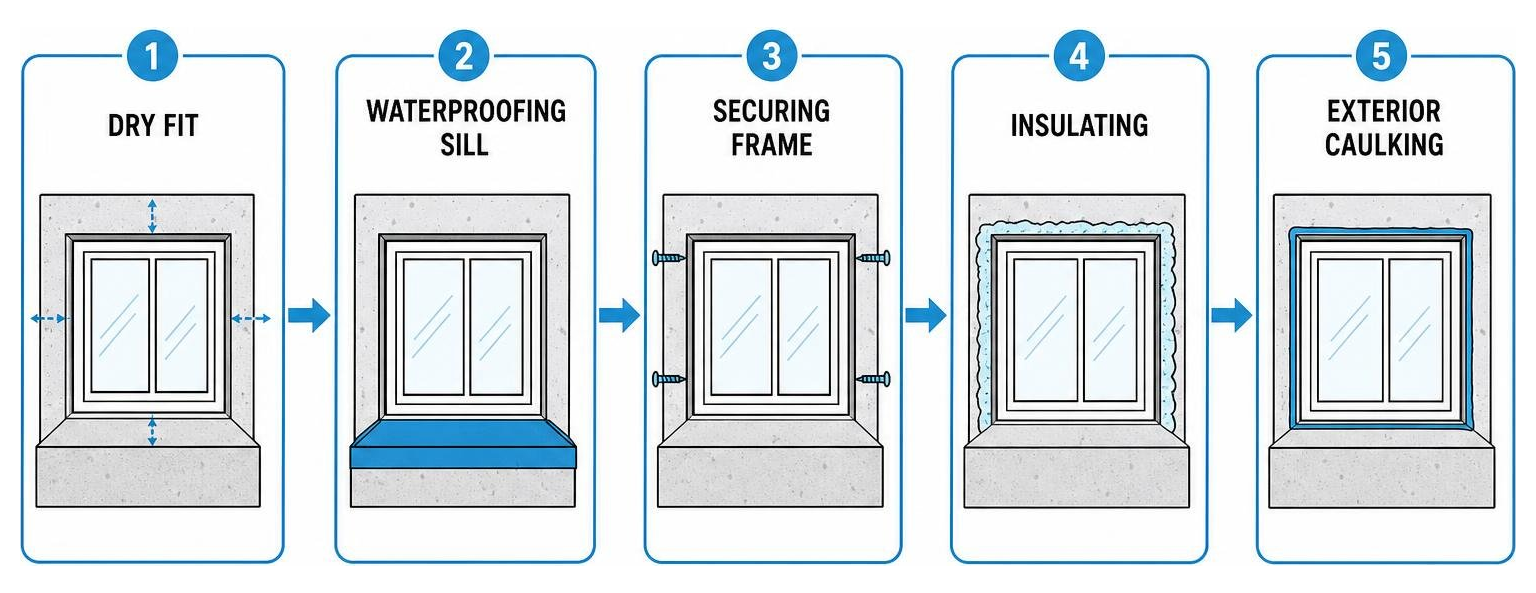 Sequence diagram of installation: dry fit, waterproofing sill, securing frame, insulating, exterior caulking Sequence diagram of installation: dry fit, waterproofing sill, securing frame, insulating, exterior caulking