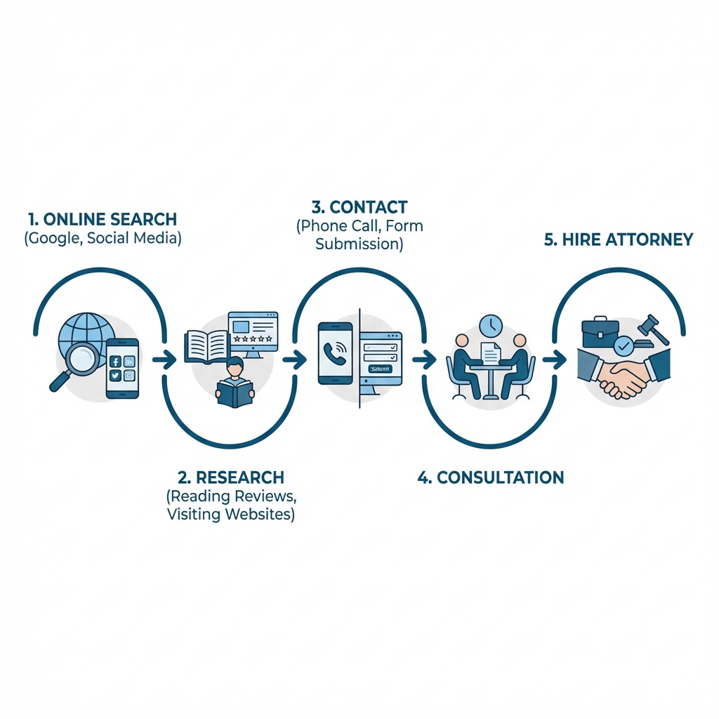Infographic showing the journey of a potential family law client from online search to consultation, including stages: 1. Online Search (Google, social media), 2. Research (reading reviews, visiting websites), 3. Contact (phone call, form submission), 4. Consultation, 5. Hire Attorney - Family law leads infographic Online search process infographic for family law leads, illustrating steps from online search to hiring an attorney, emphasizing research, contact, and consultation.