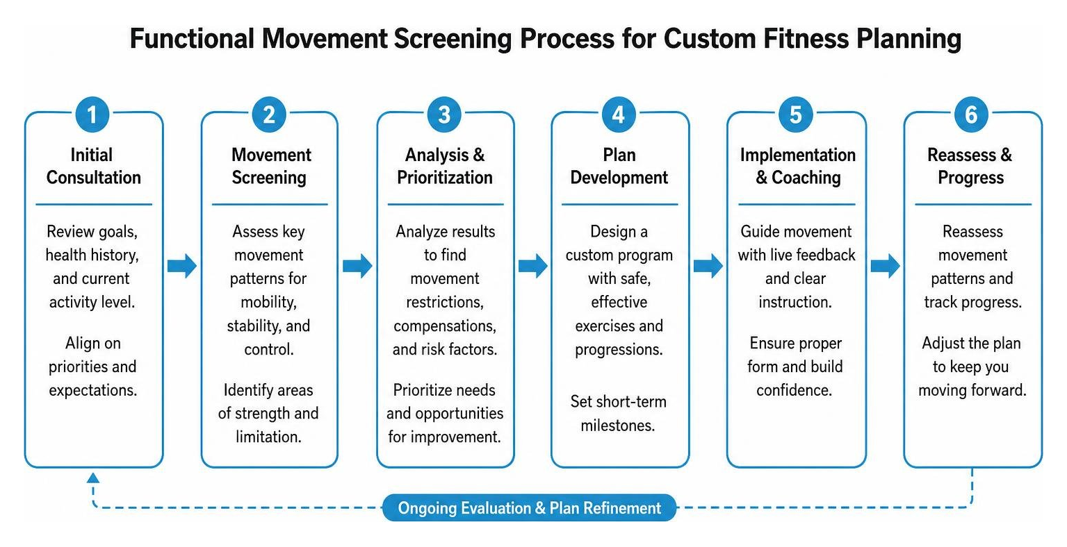 Diagram showing functional movement screening process for custom fitness planning Diagram showing functional movement screening process for custom fitness planning