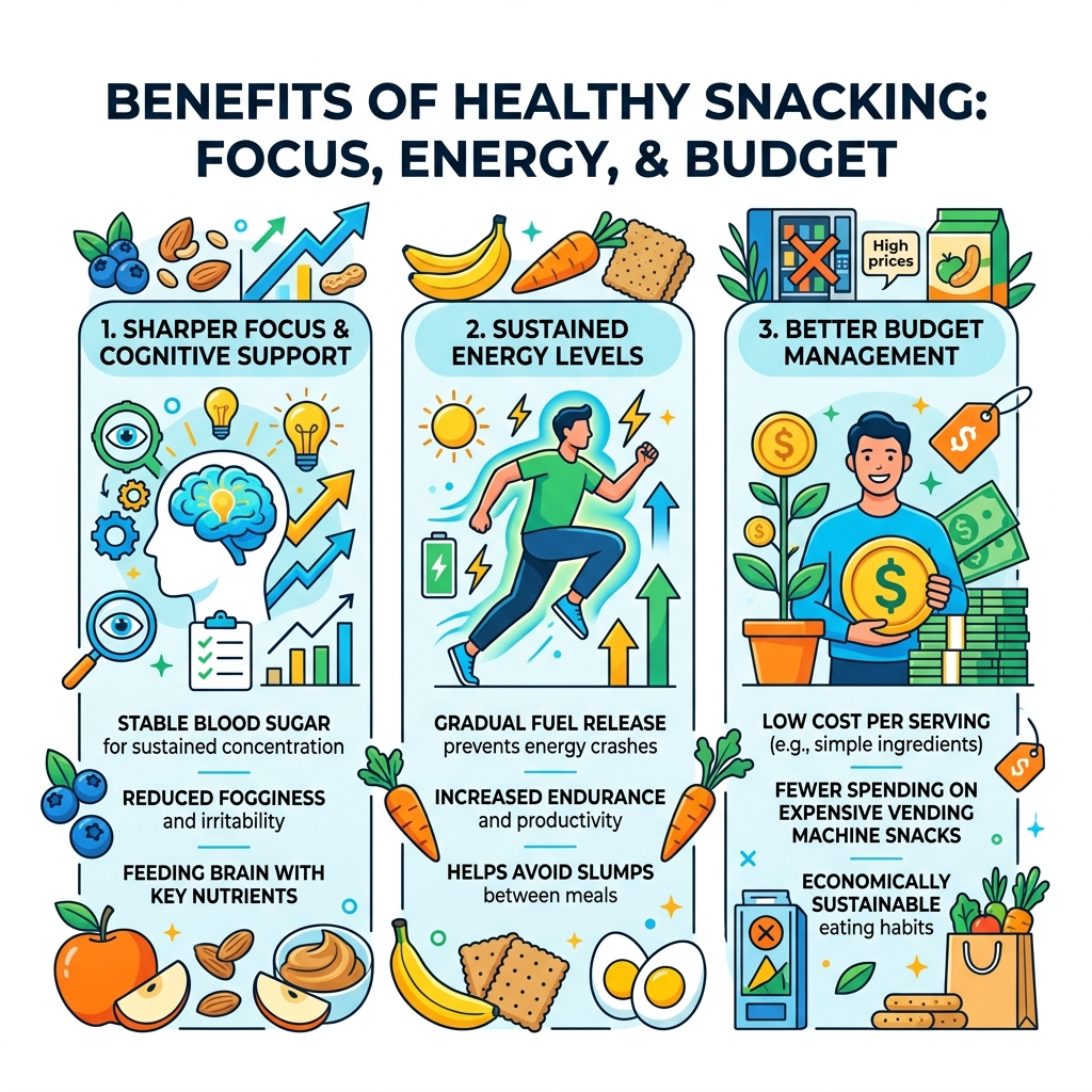 Benefits of healthy snacking for focus, energy, and budget - healthy cheap snack ideas infographic Benefits of healthy snacking for focus, energy, and budget - healthy cheap snack ideas infographic