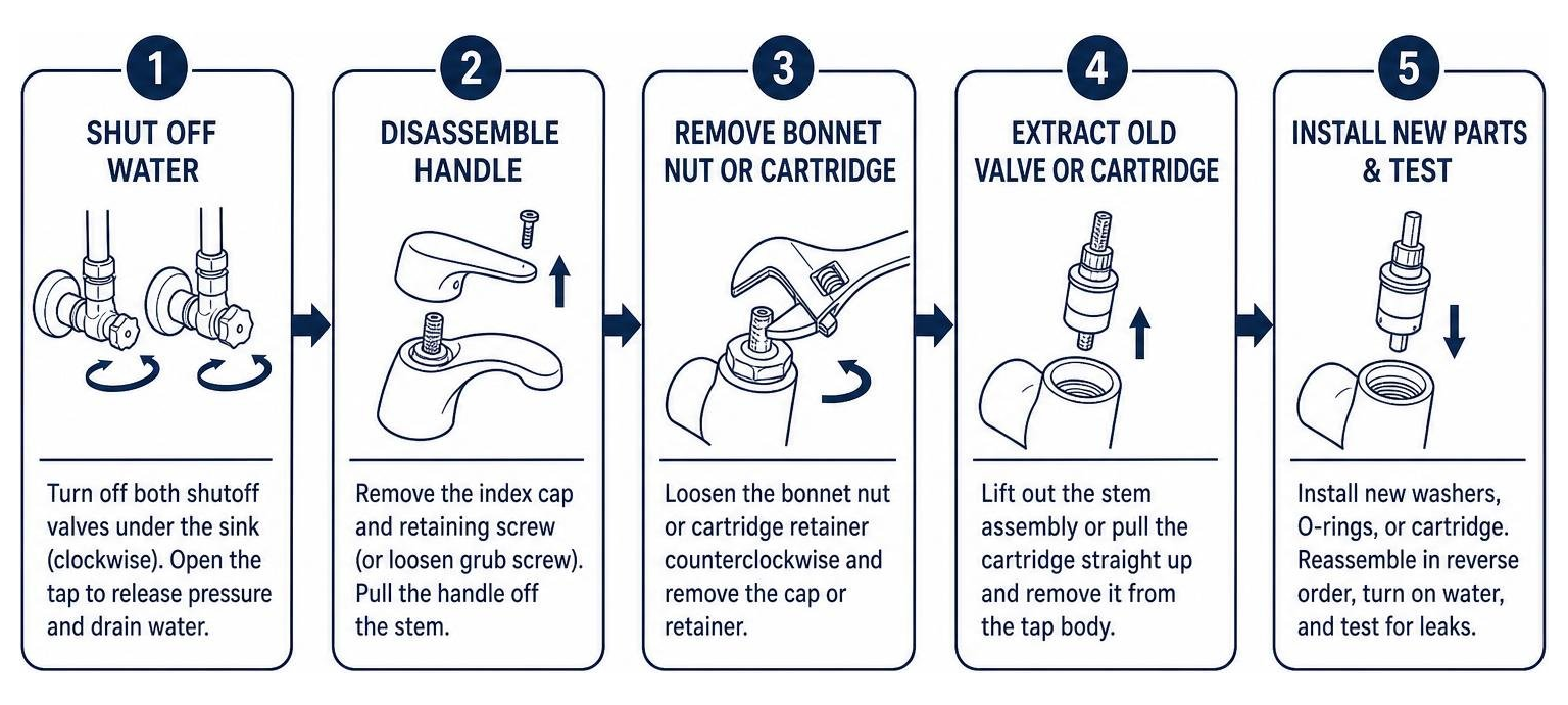 Diagram detailing 5 step process to fix leaking kitchen tap from shutoff to testing